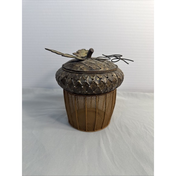 Other - Vintage Metal Mesh Acorn Basket Lidded Decorative Trinket Jar Fall Harvest Decor